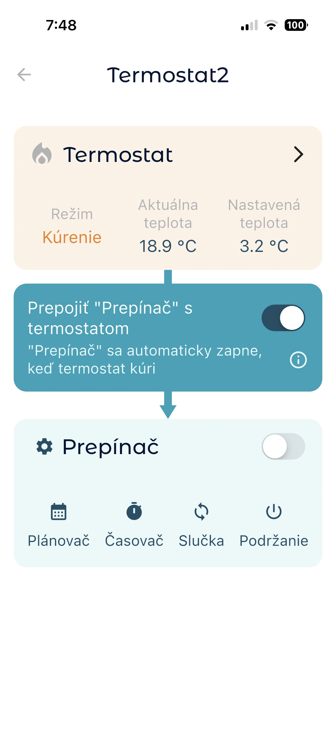 Prepojenie výstupu SWITCH2 s termostatom
