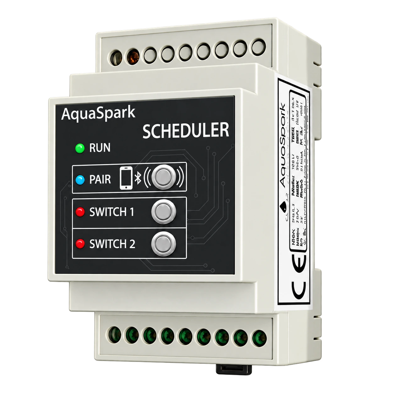 Modul AQUASPARK Scheduler na DIN lištu s LED indikáciou a tlačidlami PAIR, SWITCH1 a SWITCH2