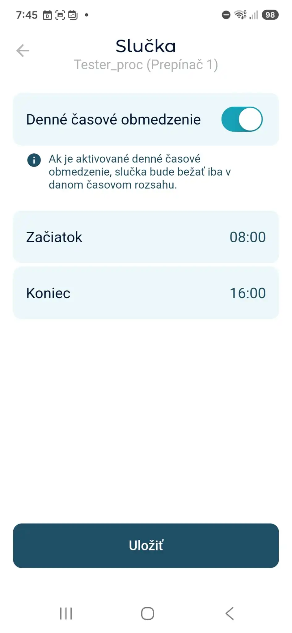 Denné časové obmedzenie Slučky od 08:00 do 16:00