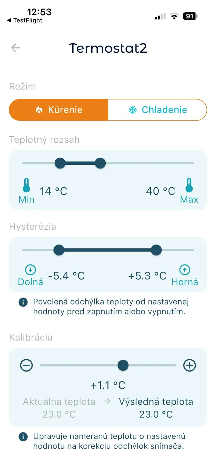 Nastavenia termostatu – režim, teplotný rozsah, hysterézia a kalibrácia