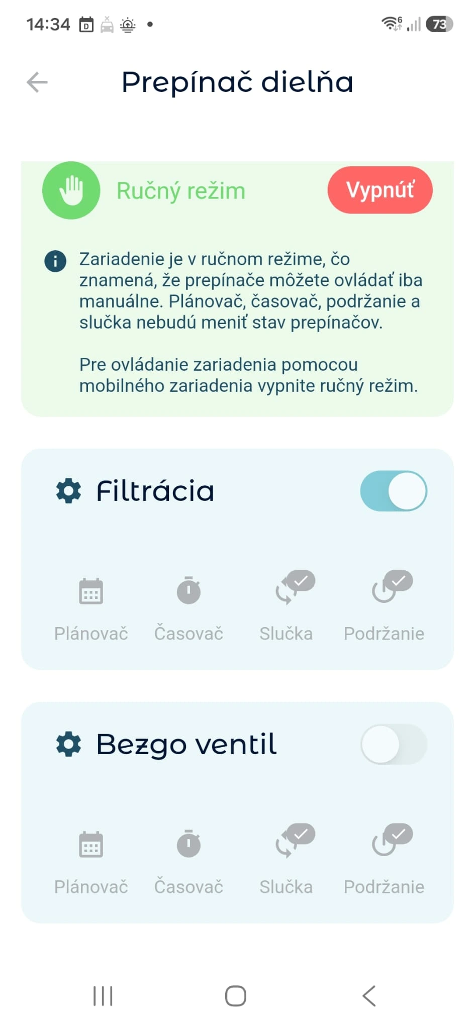 Ručný režim Scheduleru v aplikácii a tlačidlo Vypnúť