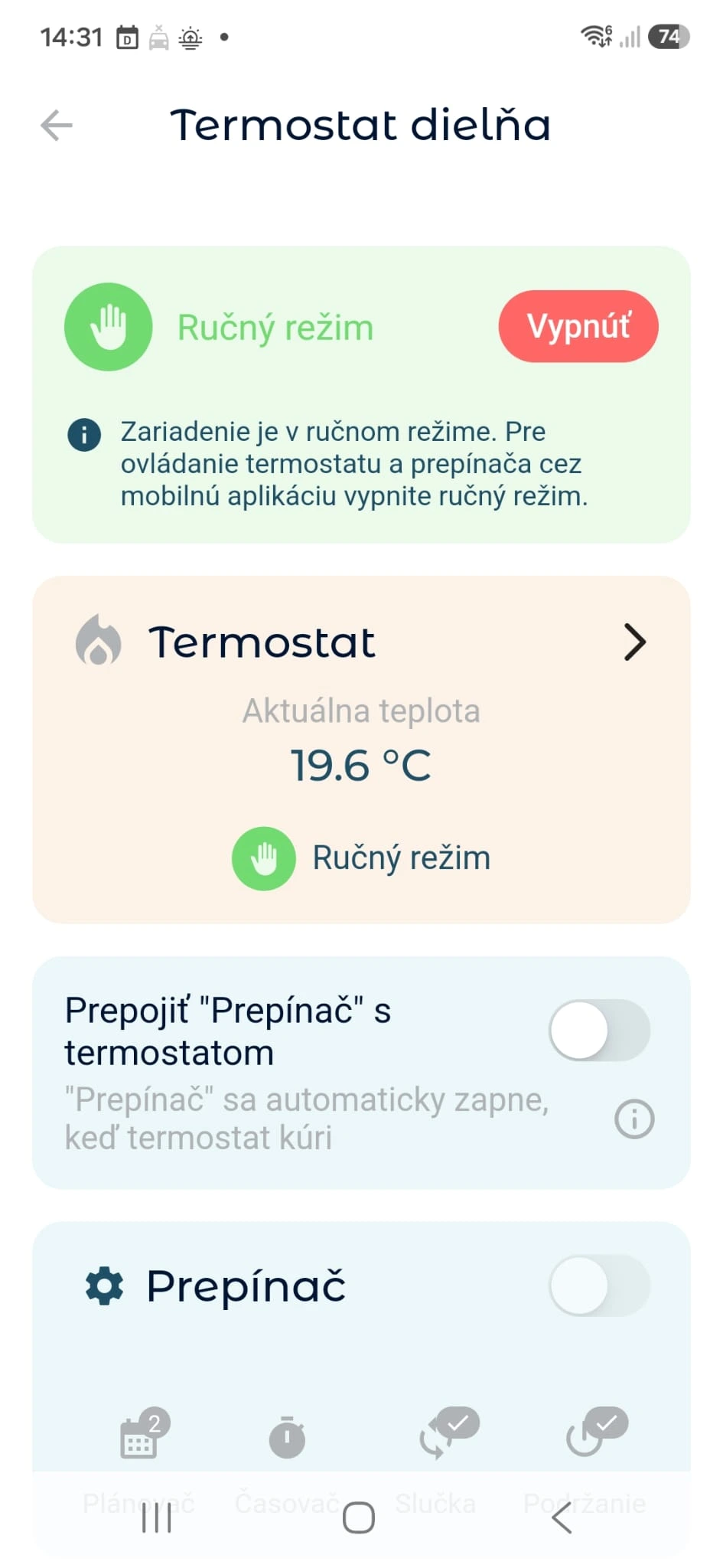 Ručný režim zariadenia Therm v aplikácii a tlačidlo Vypnúť