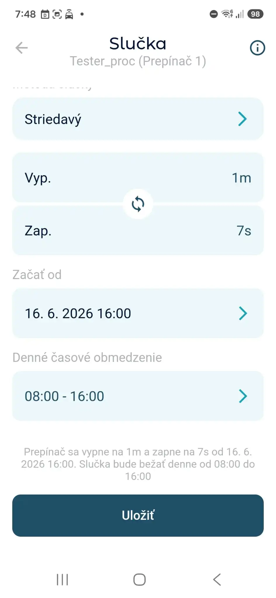 Striedavá Slučka: VYP na 1 minútu a ZAP na 7 sekúnd