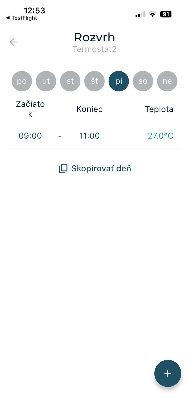 Mobilná aplikácia AQUASPARK: týždenný rozvrh termostatu